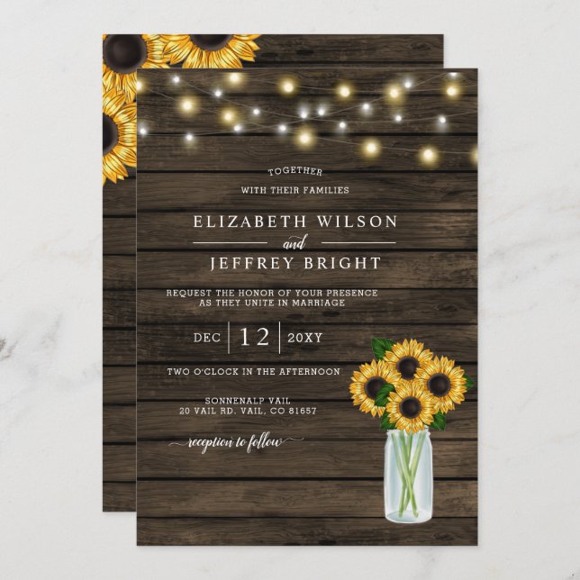 Barn Wood String Lights Sunflowers Wedding Invitation (Front/Back)