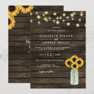 Barn Wood String Lights Sunflowers Wedding Invitation