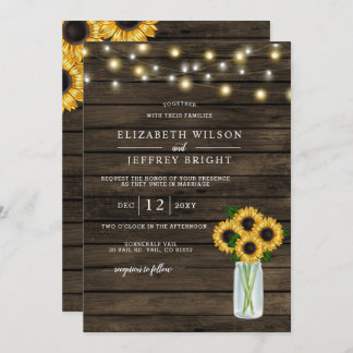 Barn Wood String Lights Sunflowers Wedding Invitation