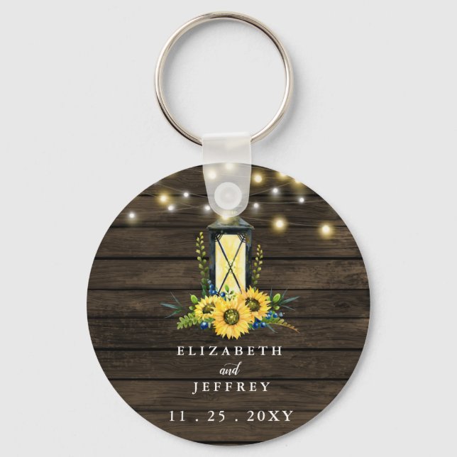 Barn Wood String Lights Sunflowers Wedding  Keychain (Front)