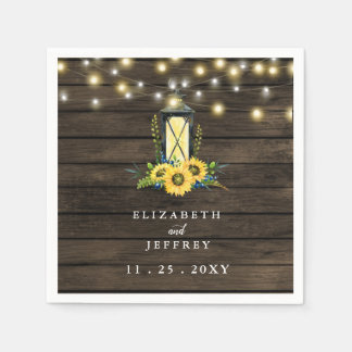 Barn Wood String Lights Sunflowers Wedding Napkins