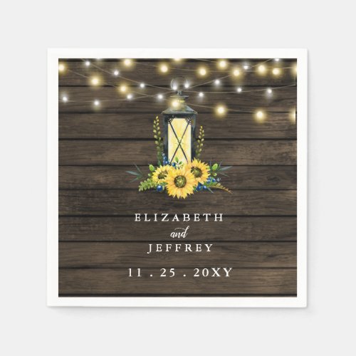 Barn Wood String Lights Sunflowers Wedding Napkins