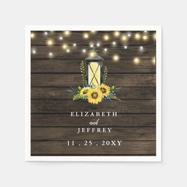 Barn Wood String Lights Sunflowers Wedding Napkins (Front)