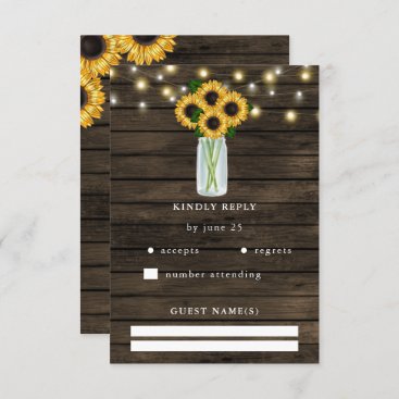 Barn Wood String Lights Sunflowers Wedding  RSVP Card