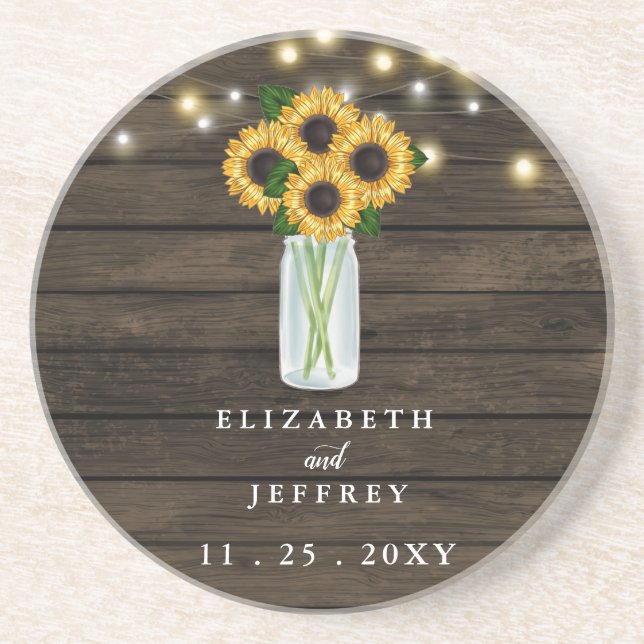 Barn Wood String Lights Sunflowers Wedding  Square Coaster (Front)
