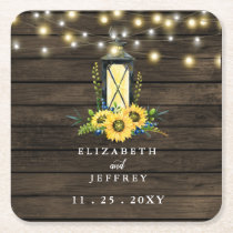 Barn Wood String Lights Sunflowers Wedding  Square Paper Coaster