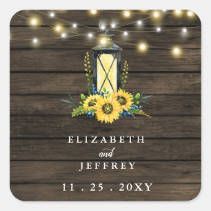 Barn Wood String Lights Sunflowers Wedding Square Sticker