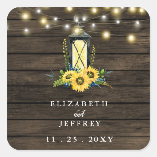 Barn Wood String Lights Sunflowers Wedding Square Sticker