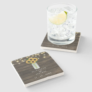 Barn Wood String Lights Sunflowers Wedding Square Stone Coaster