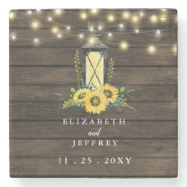 Barn Wood String Lights Sunflowers Wedding  Square Stone Coaster