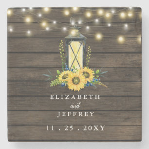 Barn Wood String Lights Sunflowers Wedding Square Stone Coaster