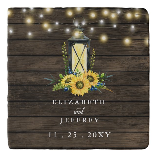 Barn Wood String Lights Sunflowers Wedding  Trivet (Front)