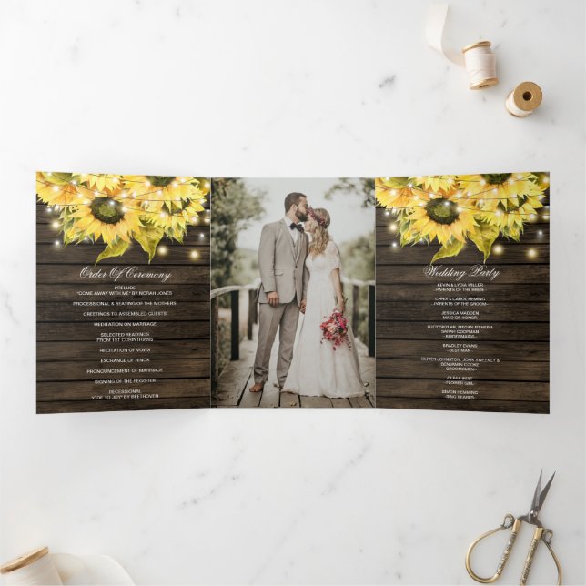 Barn wood String Lights Sunfowers Photo Wedding  Tri-Fold Program (Inside)