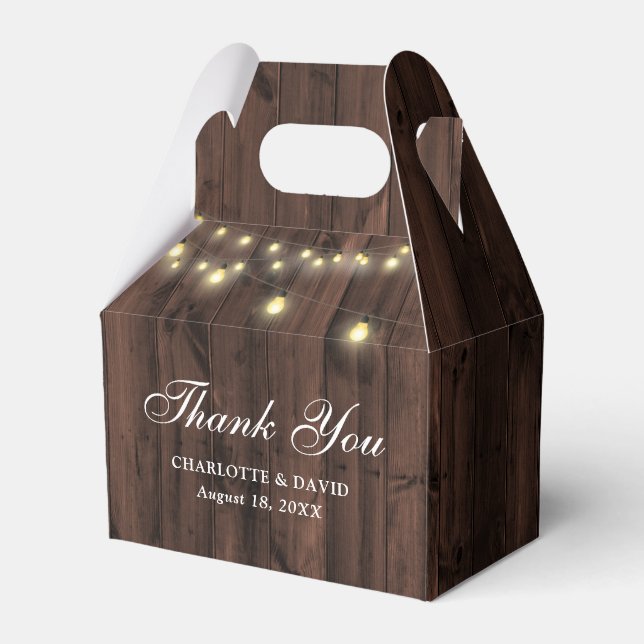 Barn Wood String Lights Wedding Thank You Favor Boxes (Front Side)