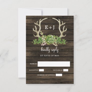 Barn Wood Succulent Antlers Country Chic Wedding RSVP Card