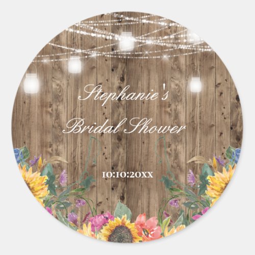 Barn Wood   Sunflower Bridal Shower Classic Round Sticker