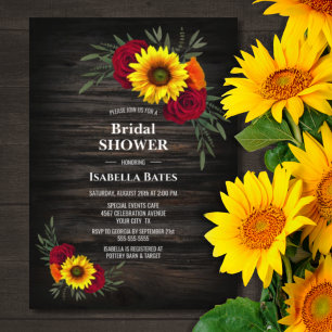 Barn Wood Sunflower Burgundy Rose Bridal Shower Invitation