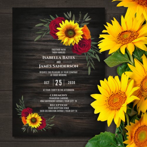 Barn Wood Sunflower Burgundy Rose Wedding Invitation