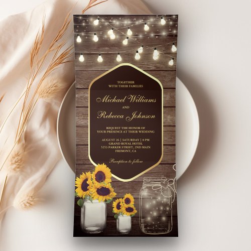 Barn Wood Sunflower Mason Jar String Light Wedding Tri_Fold Invitation