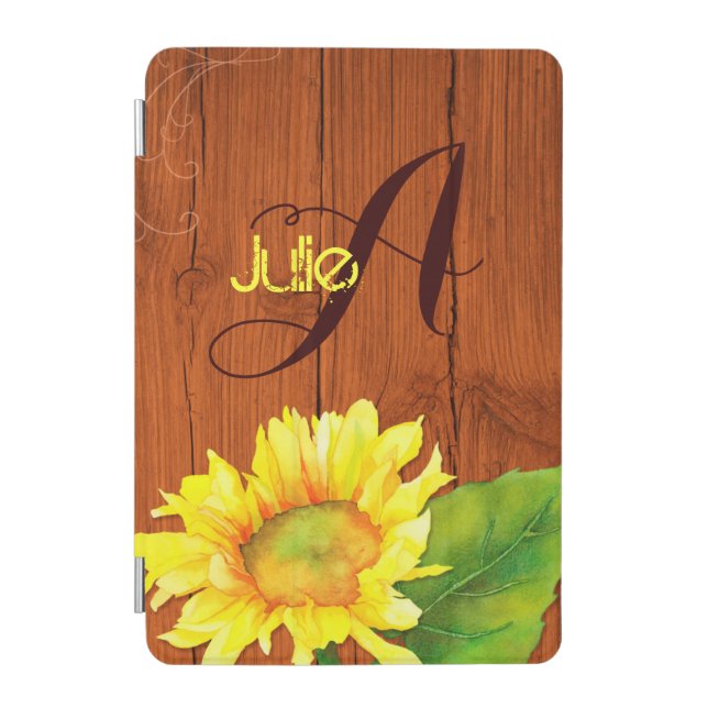 Barn Wood Sunflower Monogram Magnetic iPad Mini Cover (Front)