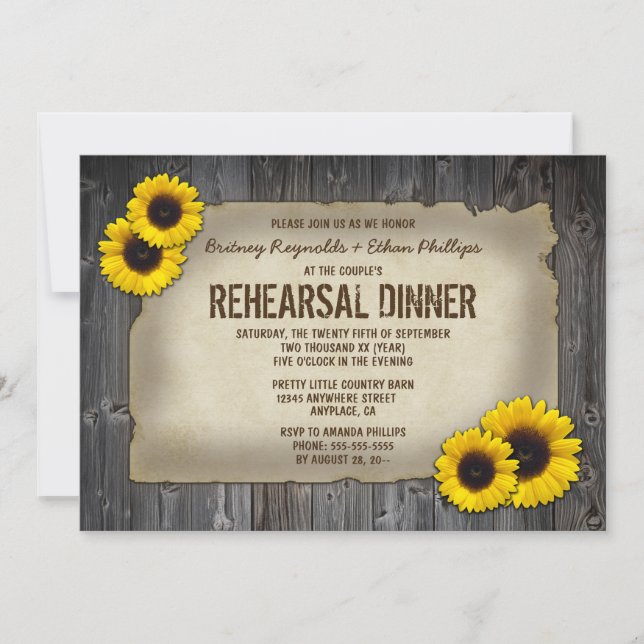 Barn Wood Sunflower Rehearsal Dinner Invitations (Front)