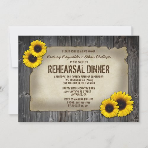 Barn Wood Sunflower Rehearsal Dinner Invitations