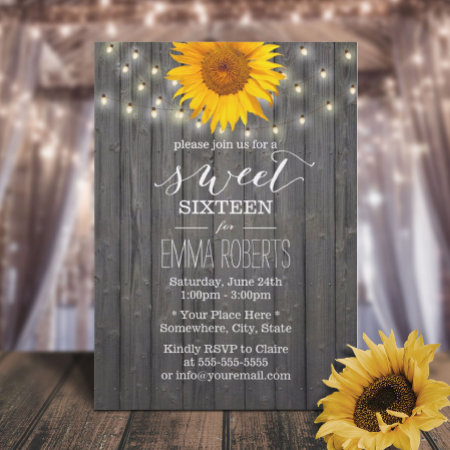Barn Wood Sunflower & String Lights Sweet 16 Invitation