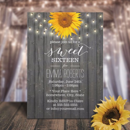 Barn Wood Sunflower  String Lights Sweet 16 Invitation
