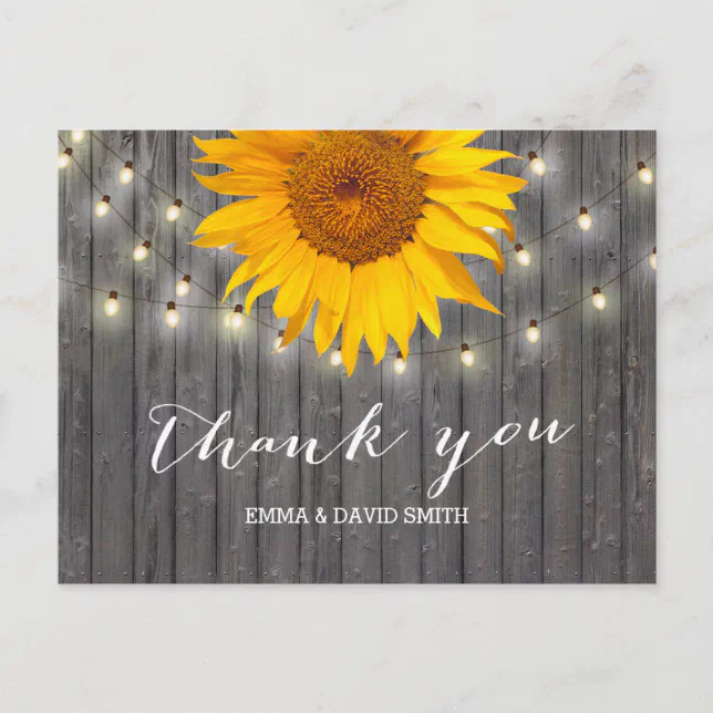 Barn Wood Sunflower & String Lights Thank You Postcard | Zazzle