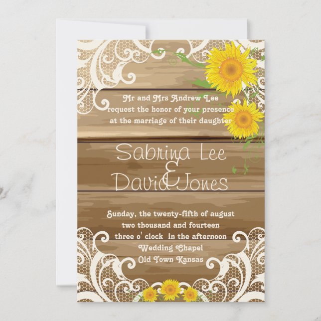 Barn Wood Sunflowers and Vintage Lace Wedding Invitation (Front)