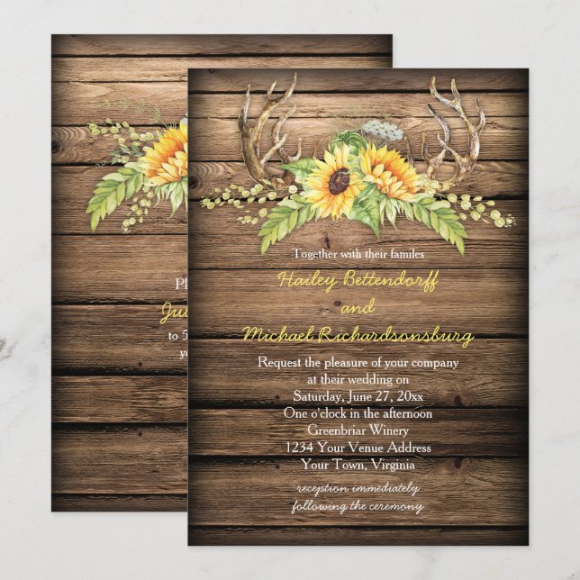 Barn Wood Sunflowers Antlers with RSVP Wedding Invitation (Front/Back)