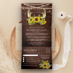 Barn Wood Sunflowers Floral Gold Antler Wedding Tri-Fold Invitation