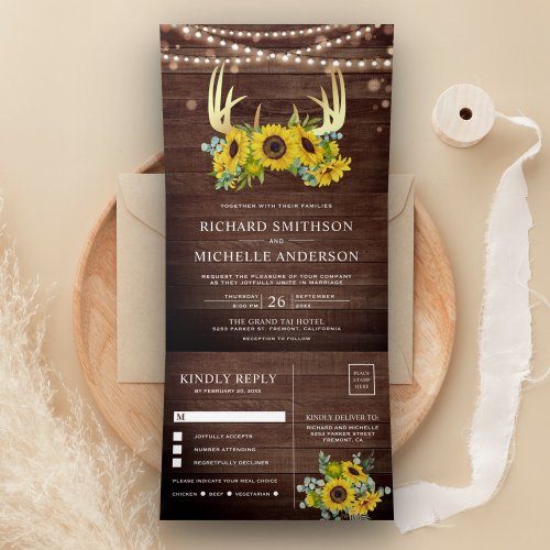 Barn Wood Sunflowers Floral Gold Antler Wedding Tri_Fold Invitation