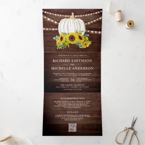 Barn Wood Sunflowers White Pumpkin QR Code Wedding Tri-Fold Invitation
