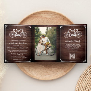 Barn Wood Tandem Bicycle Photo QR Code Wedding Tri-Fold Invitation