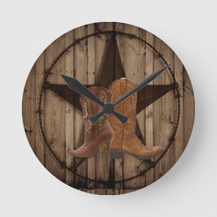 Barn Wood Texas Star western country cowboy boots Round Clock