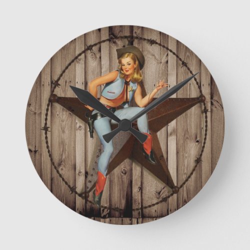 Barn Wood Texas Star western country Cowgirl Round Clock