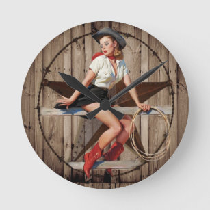 Barn Wood Texas Star western country Cowgirl Round Clock