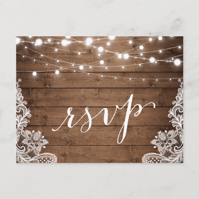 Barn Wood Twinkle Lights Lace Rustic Wedding RSVP Invitation Postcard