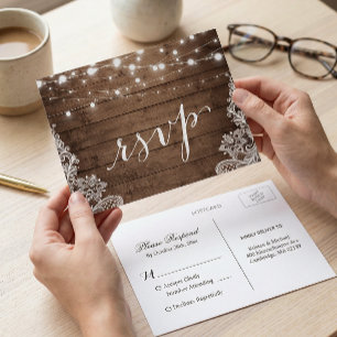 Barn Wood Twinkle Lights Lace Rustic Wedding RSVP Invitation Postcard