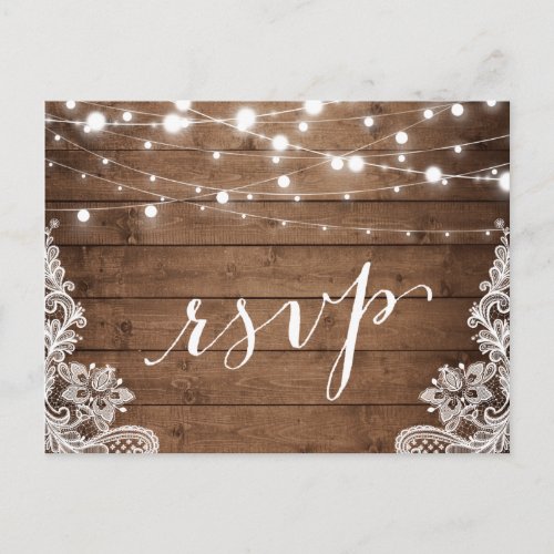 Barn Wood Twinkle Lights Lace Rustic Wedding RSVP Invitation Postcard