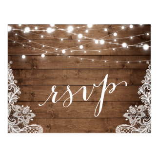 Barn Wood Twinkle Lights Lace Rustic Wedding RSVP Postcard