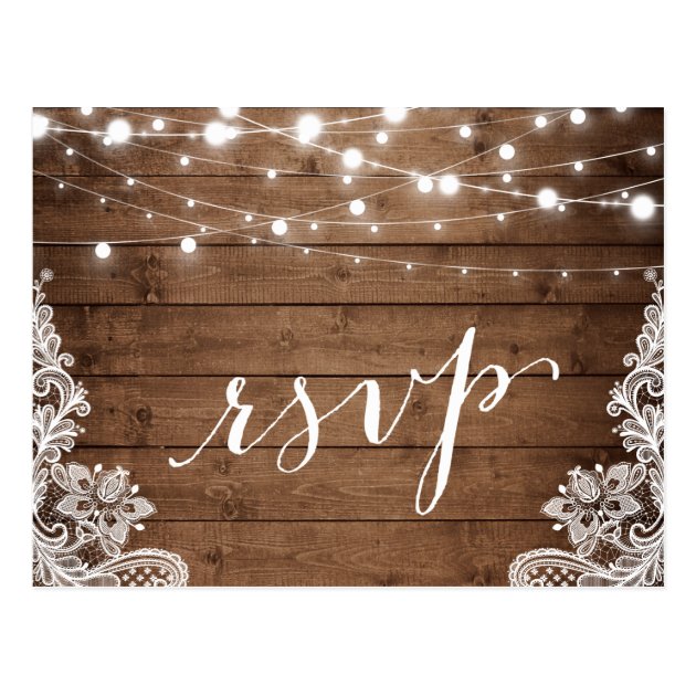 Barn Wood Twinkle Lights Lace Rustic Wedding RSVP Postcard