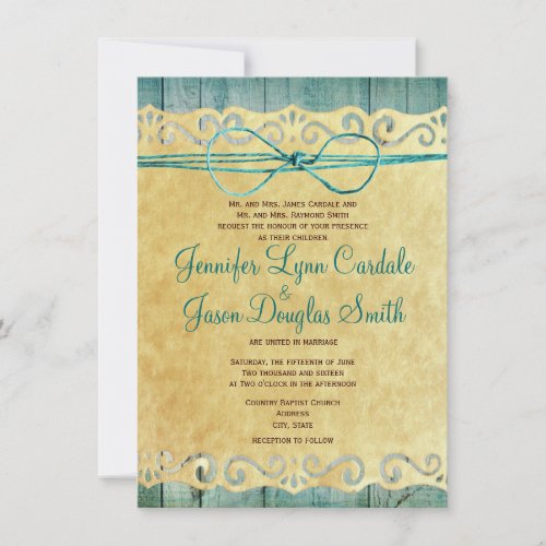 Barn Wood Vintage Paper Teal Wedding Invitation