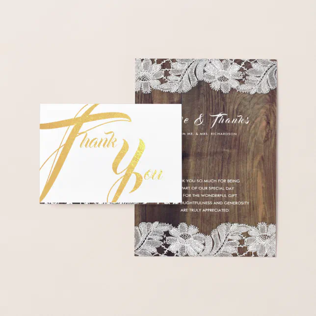 Barn Wood White Lace Wedding Thank You Foil Card | Zazzle