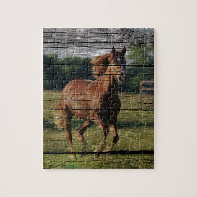 Barn Woodgrain Country Ranch Galloping Brown Horse Jigsaw Puzzle (Vertical)