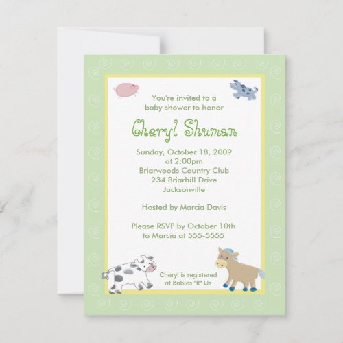 Barn Yard Farm Animals Green Swirl Baby Shower Personalized Invites