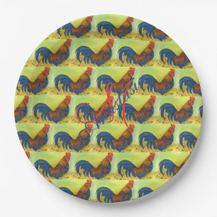 BARN YARD FUN ROOSTER MONOGRAM PARTY PAPER PLATES