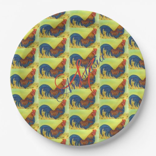 BARN YARD FUN ROOSTER MONOGRAM PARTY PAPER PLATES