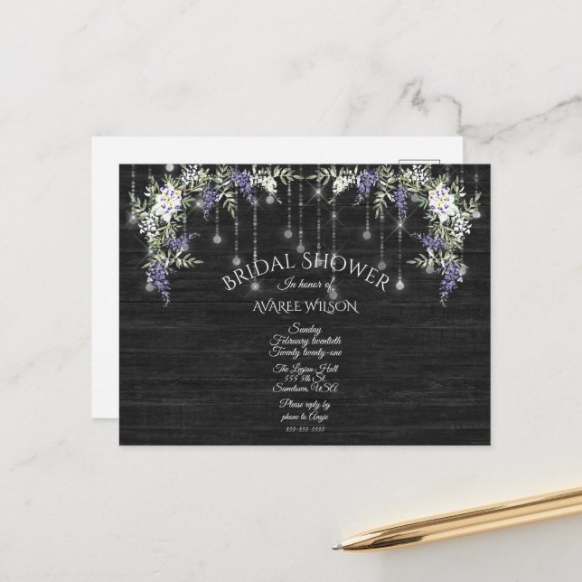 Barnboard String Lights Purple Wisteria Floral Postcard (Front/Back In Situ)